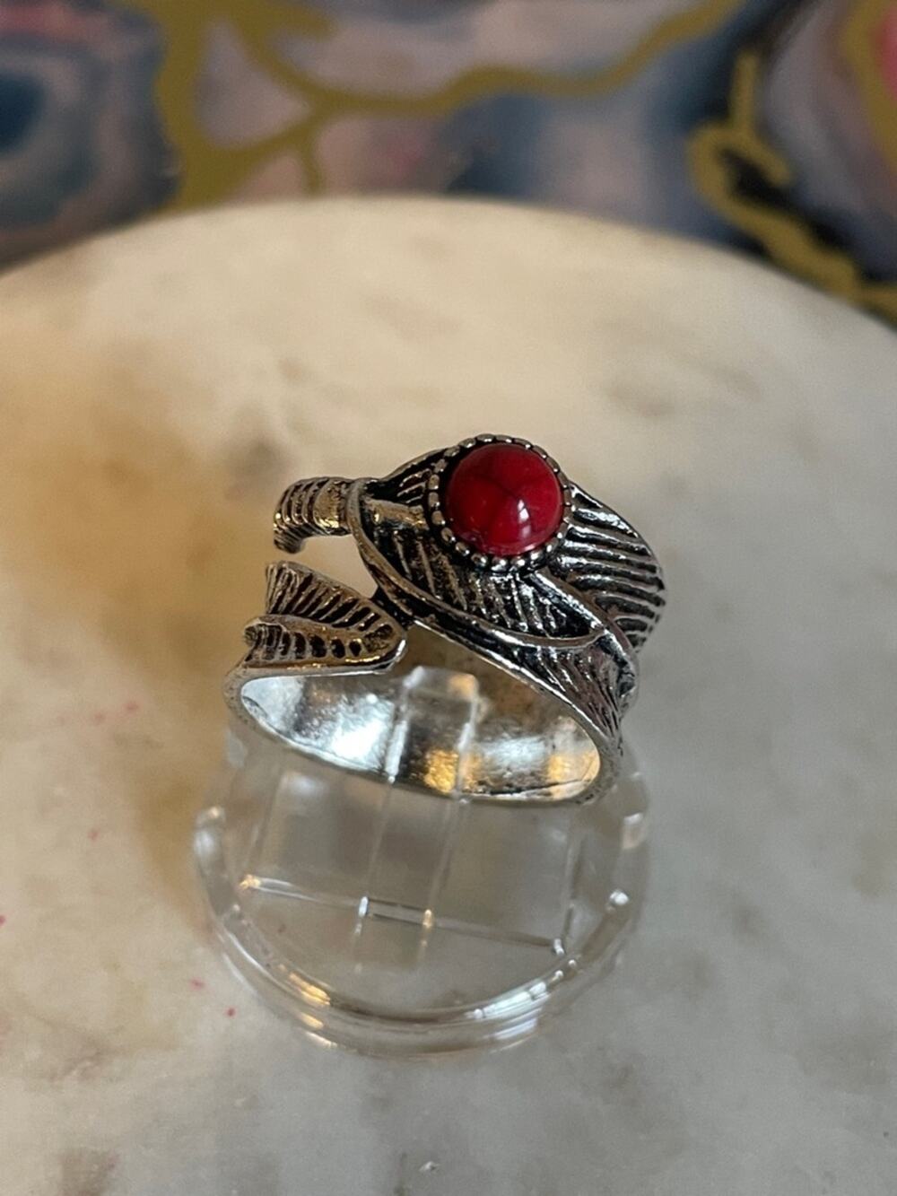 7 Silver feather Wrap Ring with Red Stone
